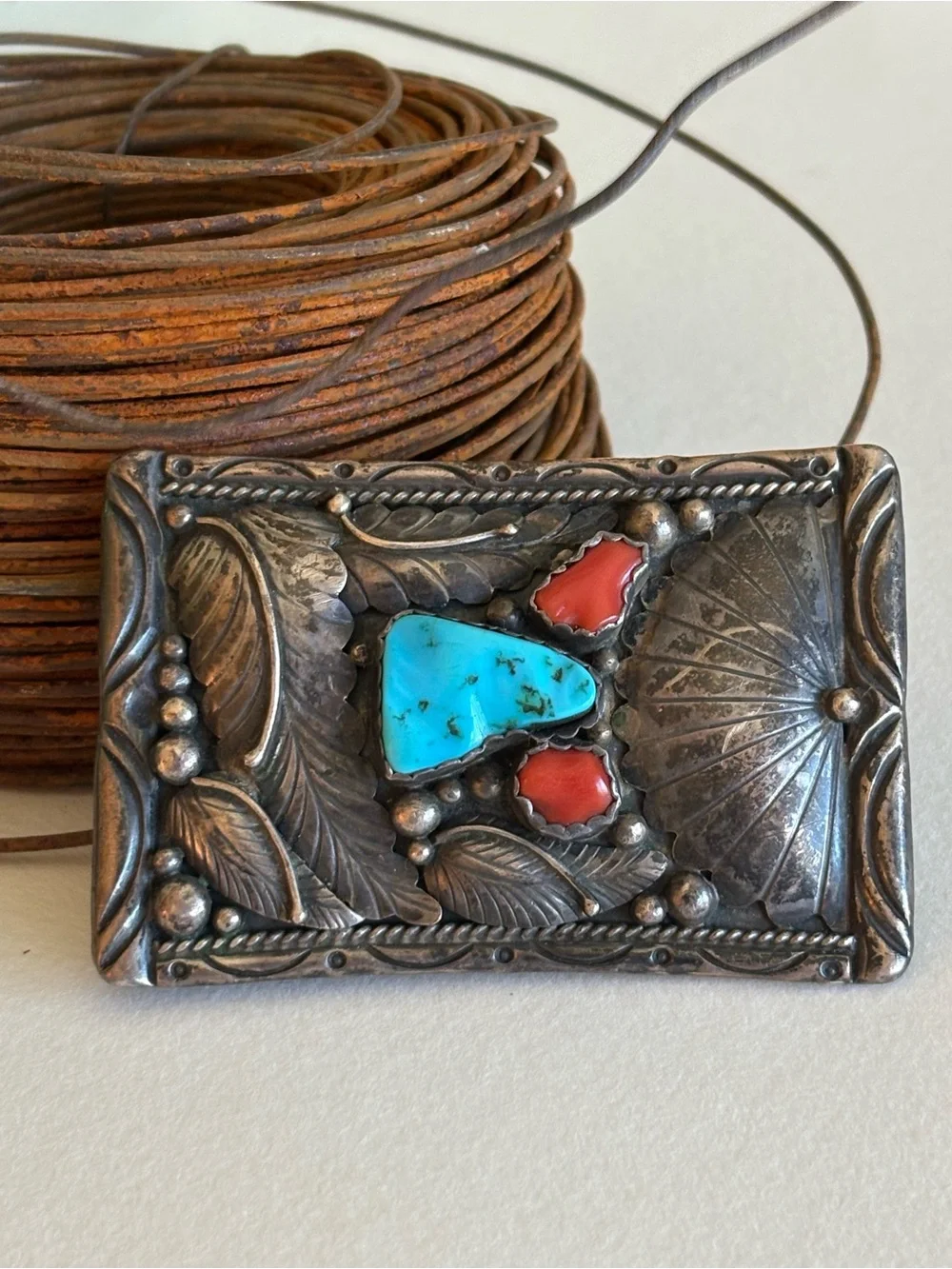 Sterling Silver Turquoise & Coral Inlay Western Belt Buckle Vintage E. Spencer